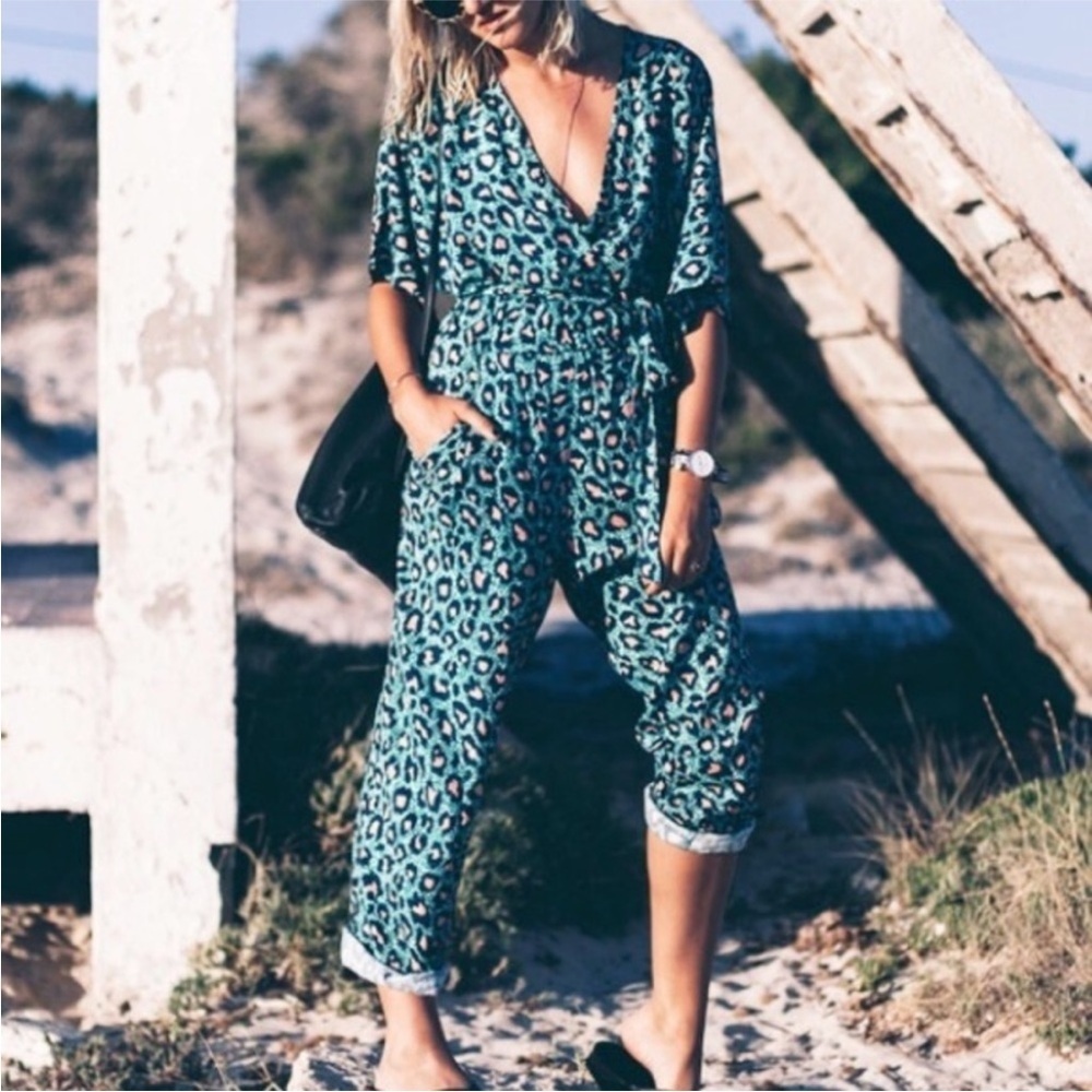 H&M Limited Edition Leopard Print Faux Wrap‎ Jumpsuit | Teal with Pink Spots | 6